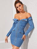 Off the shoulder zipper denim dress