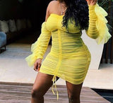 Yellow chiffon ruched off the shoulder mini dress