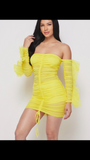 Yellow chiffon ruched off the shoulder mini dress