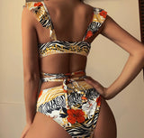 Floral print ruffle trim 2 piece swimsuit