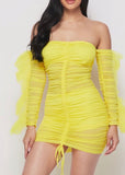 Yellow chiffon ruched off the shoulder mini dress